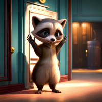 Cute small racoon waving at me and smiling greeting me in front of theater door ,unreal engine, cozy indoor lighting, artstation, detailed, digital painting,cinematic,character design by mark ryden and pixar and hayao miyazaki, unreal 5, daz, hyperrealistic, octane render in the forest cute Discovers a shiny, silver can with a lid on top